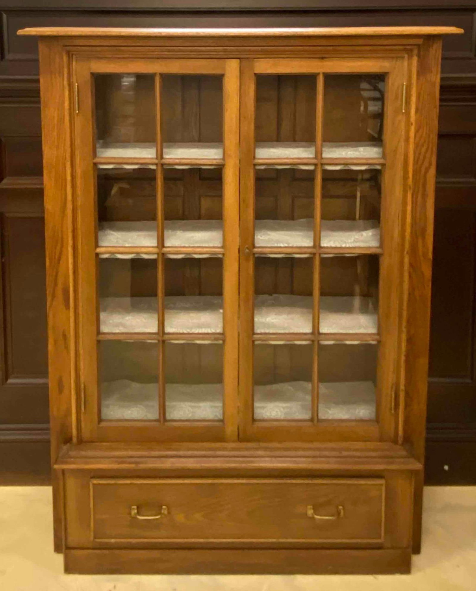 Mission Style Wood Curio Cabinet: NO IN HOUSE SHIPPING AVAILABLE, THIRD PARTY SHIPPING RECOMMENDED, includes 4 crocheted shelf covers, Measures 61? H x 45? W x 13 1/2? D