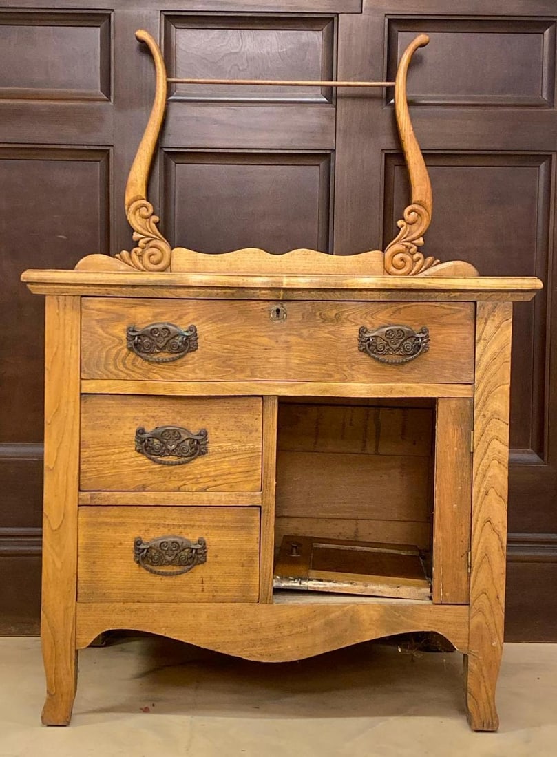 Antique Oak Washstand with Towel Bar (1 of 5)