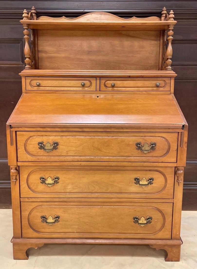 Vintage Lillian Russell Style Secretary Desk: No in-house shipping available, 3rd party shipper recommended. Possibly Davis cabinet co., desktop chipped at right hinge, key plate included- no key, measures 55" x 36" x 20"