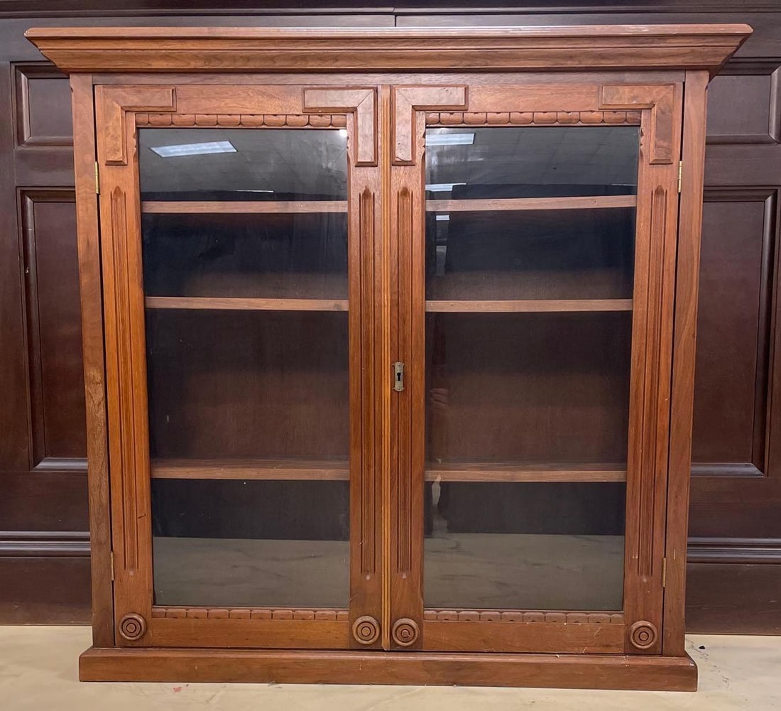 Vintage Wood and Glass Display Cabinet: No in-house shipping available, 3rd party shipper recommended. Likely top of a hutch, 3 adjustable shelves, no key, measures 44 1/4" x 47" x 14 3/4"