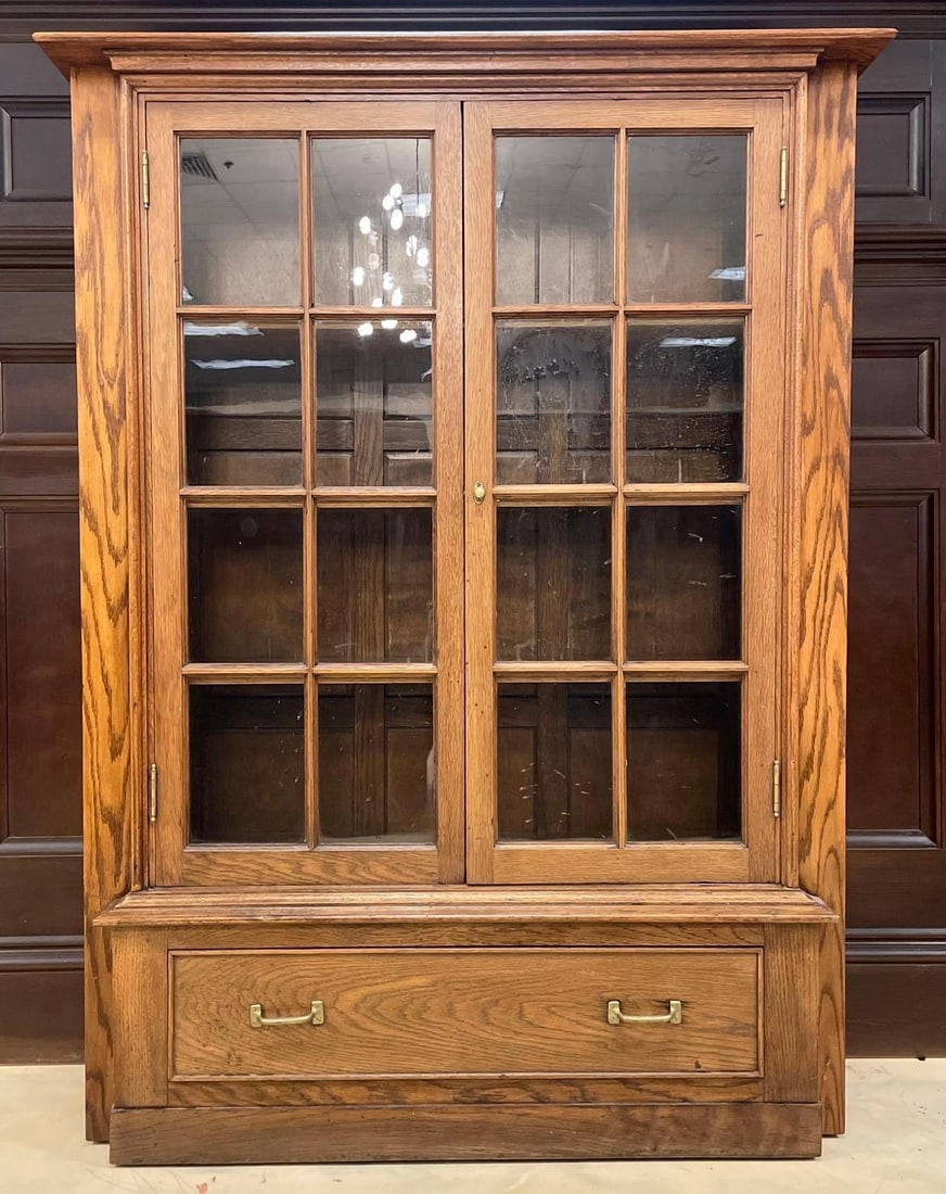 Mission Style Wood Curio Cabinet: No in-house shipping available, 3rd party shipper recommended. Pine shelves, finished back, measures 61" x 45 1/4" x 13