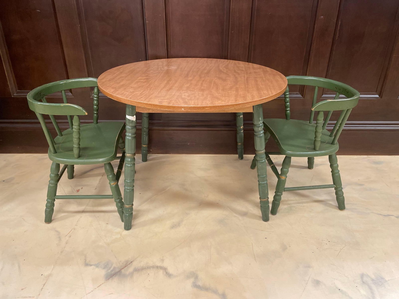 Vintage Wood Laminate Childrens Table with 2 Chairs: No in-house shipping available, 3rd party shipper recommended. Table measures 22 1/4" x 30"