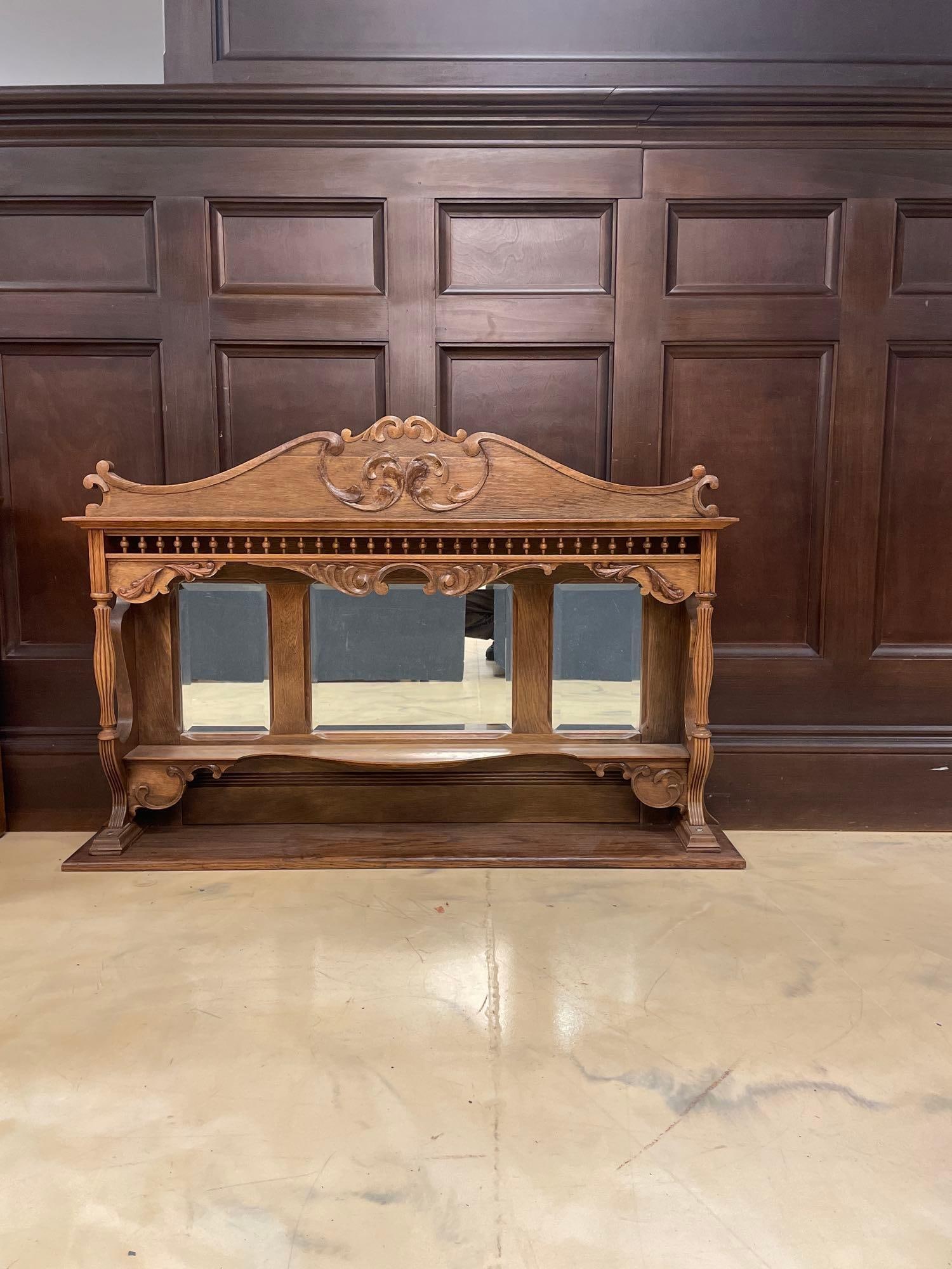 Antique Oak Over-Mantel Mirror: No in-house shipping available, 3rd party shipper recommended. Measures 32" x 48" x 8"