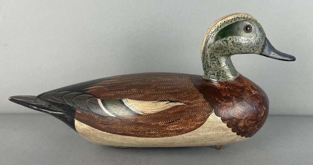 1990s Charlie Moore Wigeon Drake Duck Decoy: Dekalb IL, perdew style , with weight, hollow, glass eyes, measures 7 1/2" x 15" x 5"