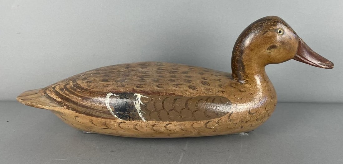 Restored 1900s Robert Elliston Mallard Hen Duck Decoy: Bureau co., reproduction weight, hollow, glass eyes, trego, measures 6 3/4" x 17", 6"