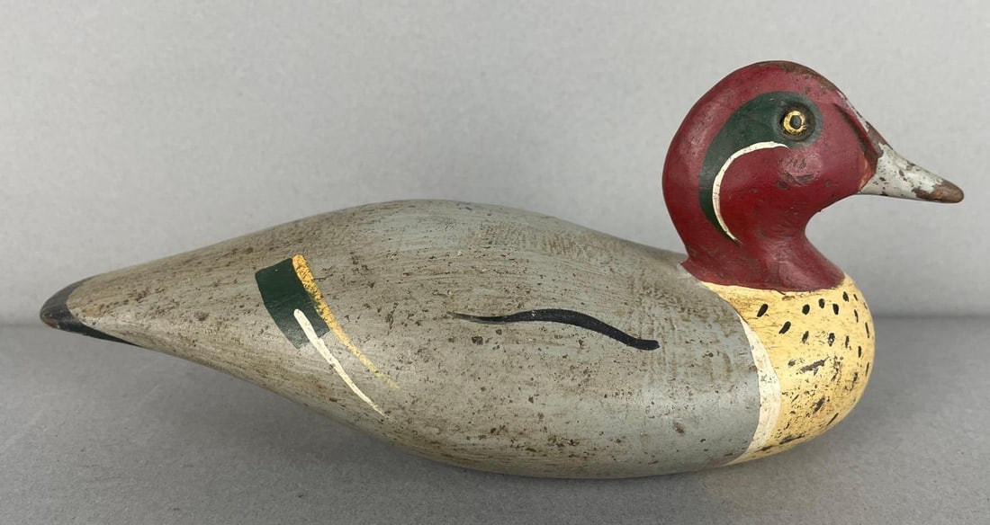 Vintage Green Wing Teal Duck Decoy: Stamped JP , possibly Joel peffley, measures 3 1/4" x 7 1/2" x 3"