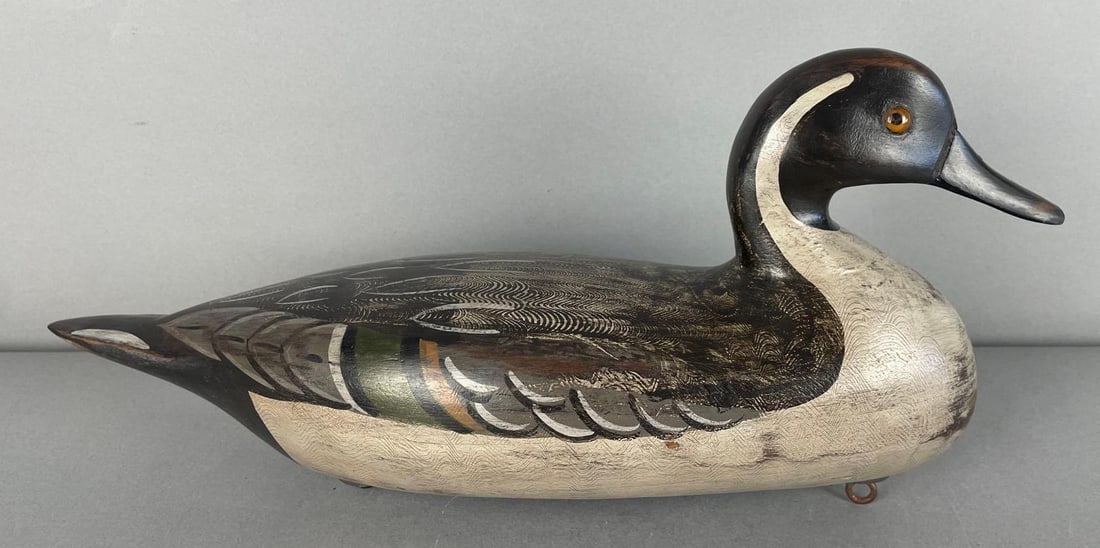 Charlie Moore Pintail Drake Duck Decoy: Dekalb IL, perdew style, original paint, glass eyes, hollow, measures 7 1/2" x 16" x 5"