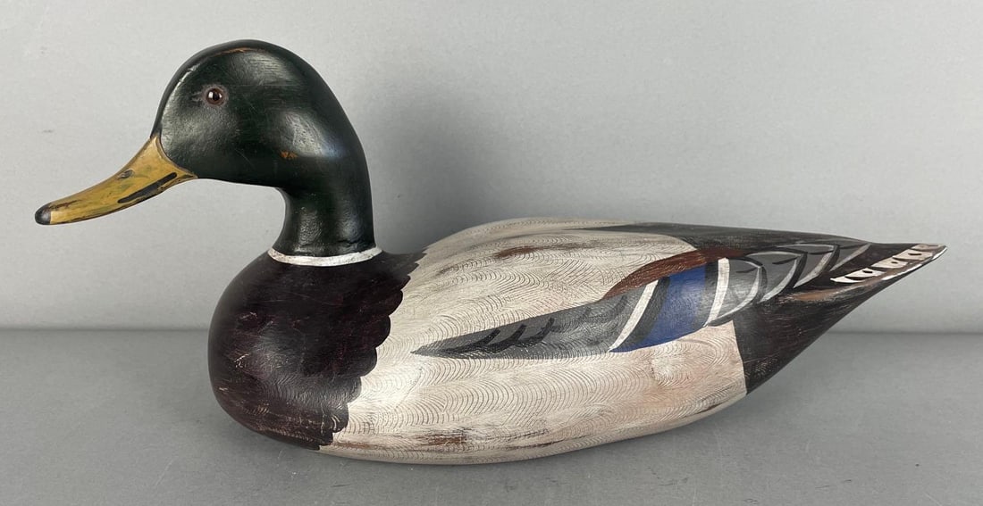 1994 Signed Charlie Moore Mallard Drake Duck Decoy: Dekalb IL, glass eyes, solid body, original paint, measures 7 1/4" x 16" x 6 1/2"