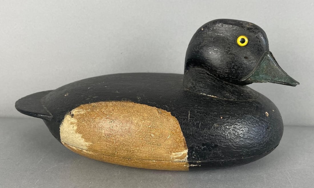 Fred Allen Bluebill Drake Duck Decoy: Monmouth IL, repainted, broken bill, glass eyes, hollow, hunting wear, measures 50 x 11" x 6"