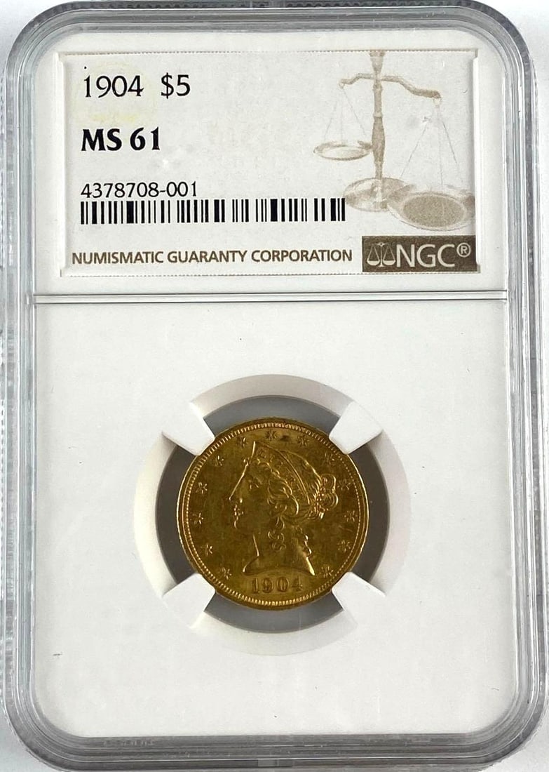 1904 $5 US Liberty Head Gold Coin NGC MS61: 1904 $5 US Liberty Head Gold Coin NGC MS61