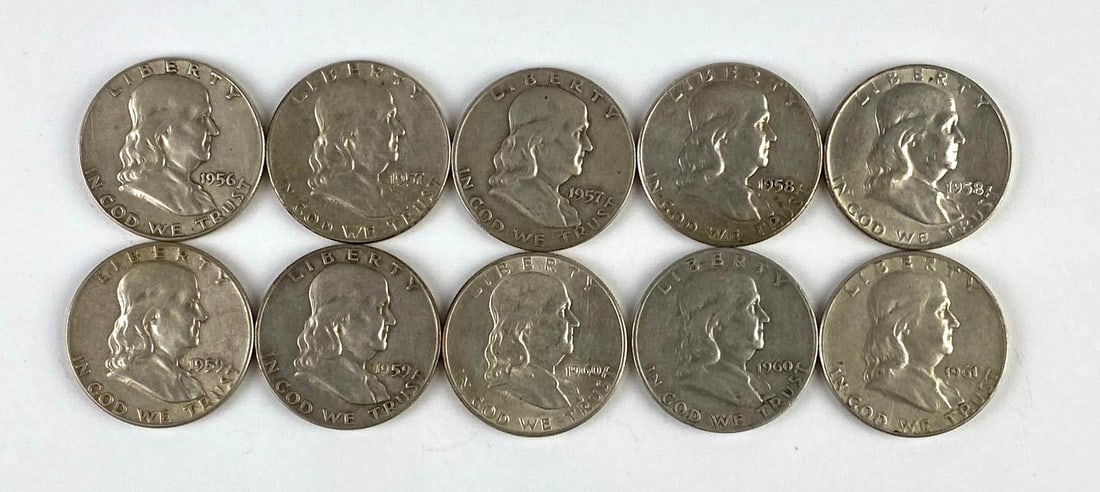 Group of 10 US Franklin Silver Half Dollars: Group of 10 US Franklin Silver Half Dollars