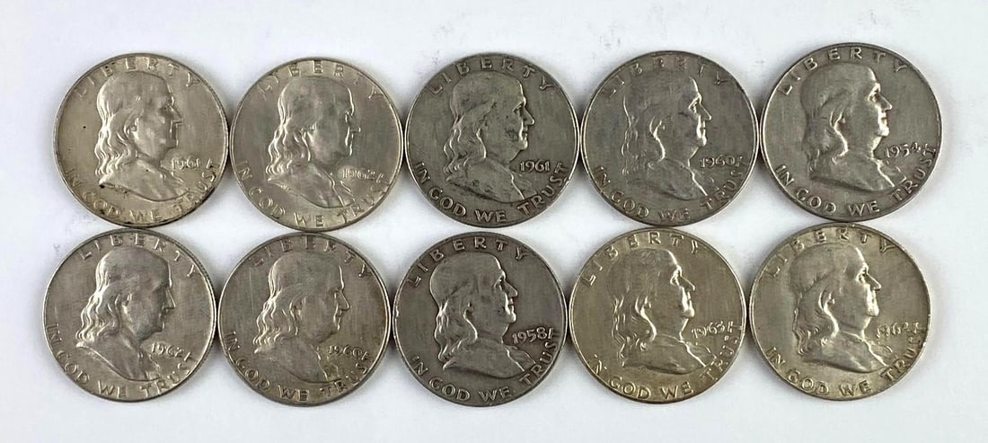 Group of 10 US Franklin Silver Half Dollars (1 of 1)