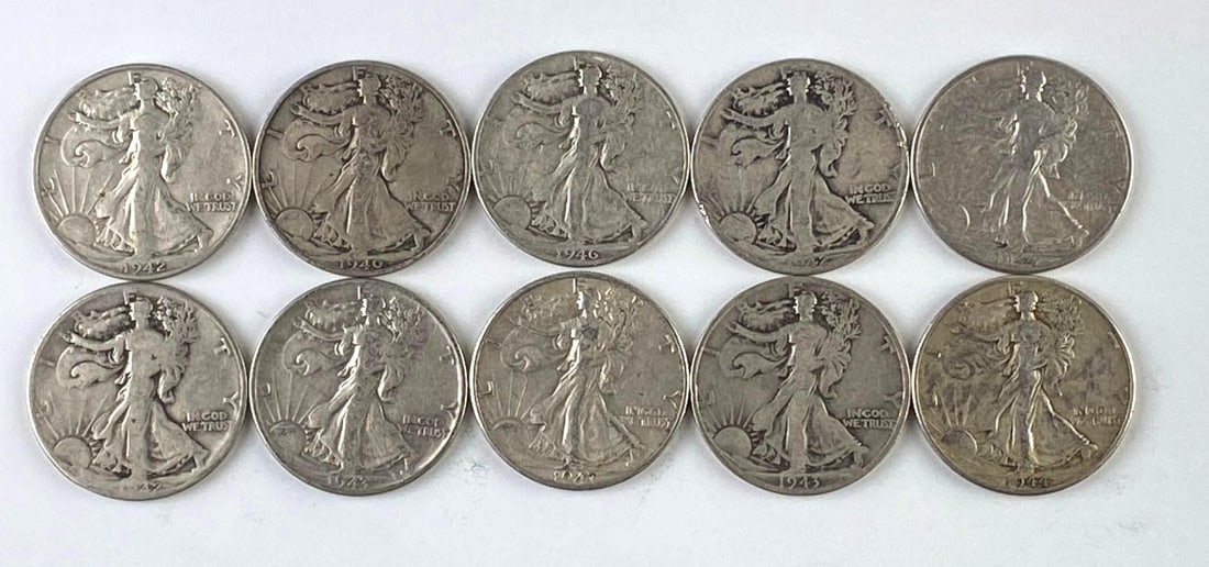 Group of 10 US Walking Liberty Silver Half Dollars: Group of 10 US Walking Liberty Silver Half Dollars