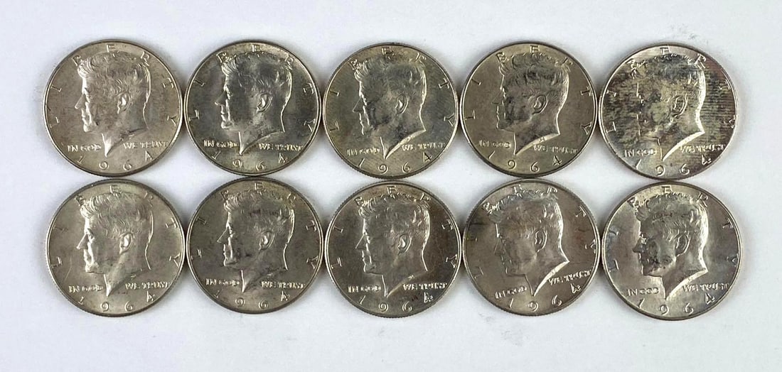 Group of 10 1964 US Kennedy Silver Half Dollars (1 of 1)