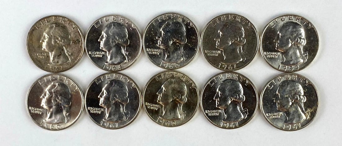 Group of 10 US Washington Silver Quarters: Includes years 1960 and 1961
