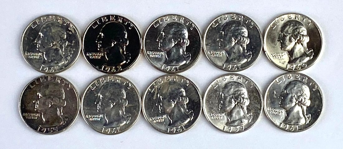 Group of 10 US Washington Silver Quarters: Include years 1955, 1959, and more.