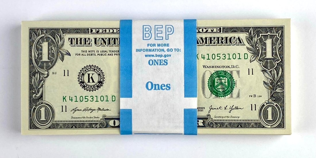 Group of 100 2021 US Mint $1 Consecutive Serial Numbered Bills (1 of 2)