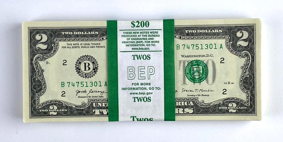 Group of 100 2021 US Mint $2 Consecutive Serial Numbered Bills (1 of 2)