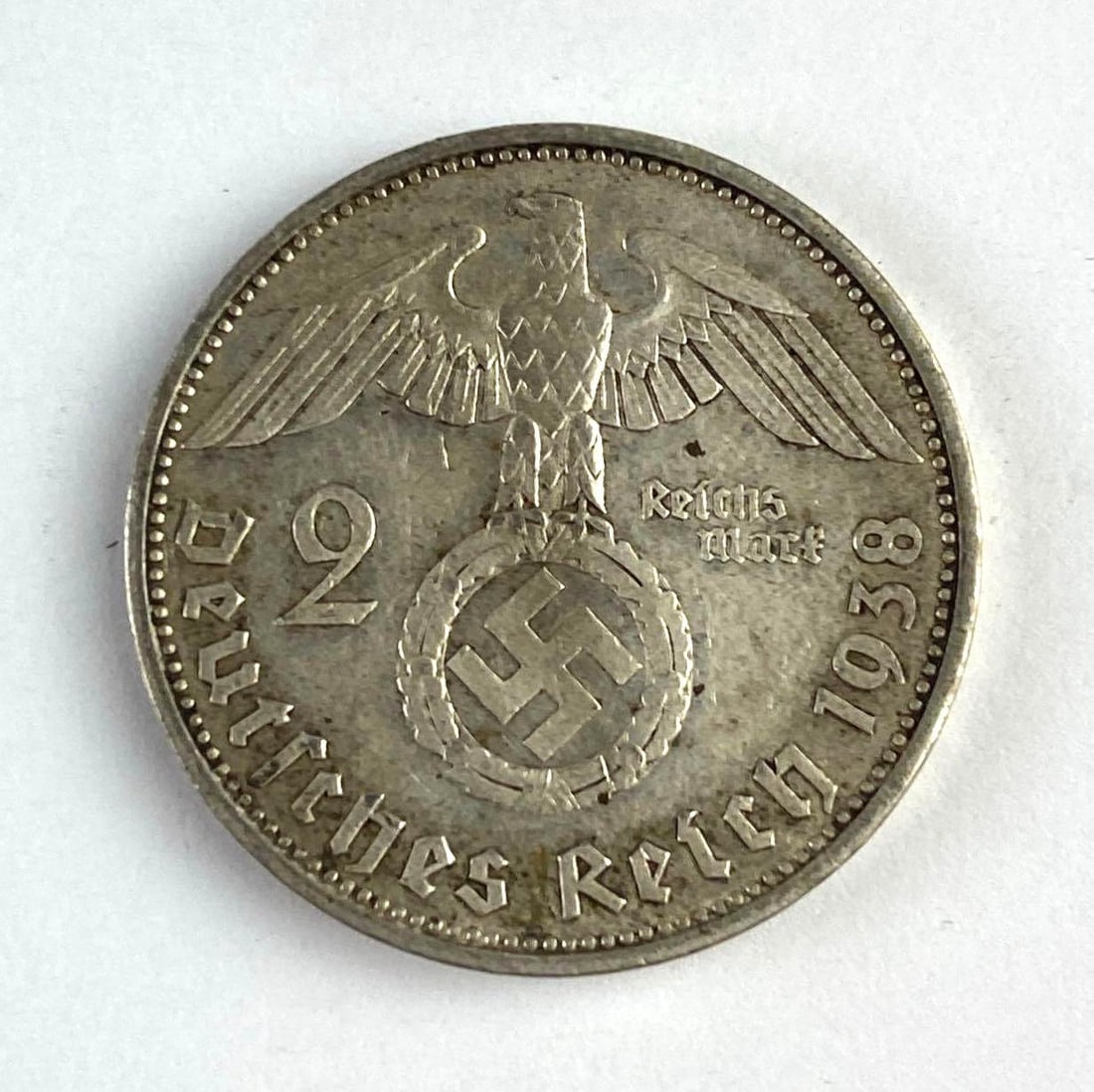 1938 WW2 German Paul Von Hindenburg 2 Reichsmark Silver Coin: 1938 WW2 German Paul Von Hindenburg 2 Reichsmark Silver Coin