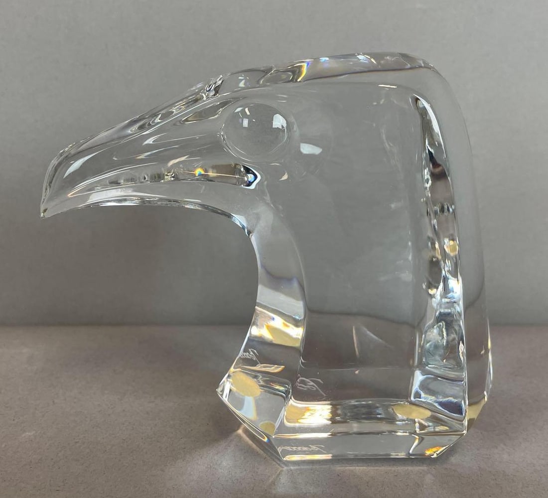 Baccarat Crystal Eagle Head Sculpture: Marked on base, measures 3 3/4" x 4 1/4" x 2 1/4"