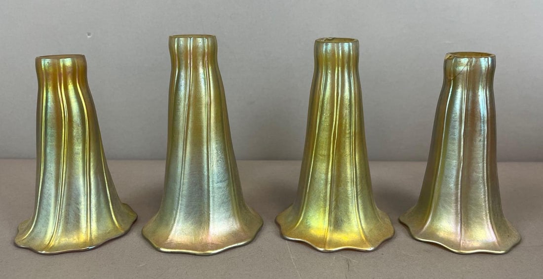 Group of Gold Iridescent Favrile Style Tulip Lamp Shades: One has repaired fitter, measures 4 3/4" x 3" with 1" fitters