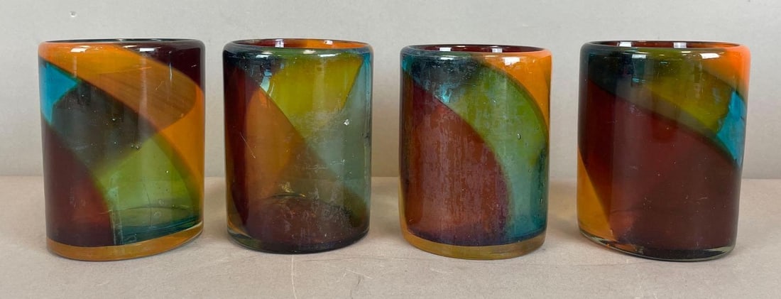 Set of 4 Hand-Blown Multi-Color Swirl Glass Tumblers: Each measure 4 1/4" x 3 1/4"