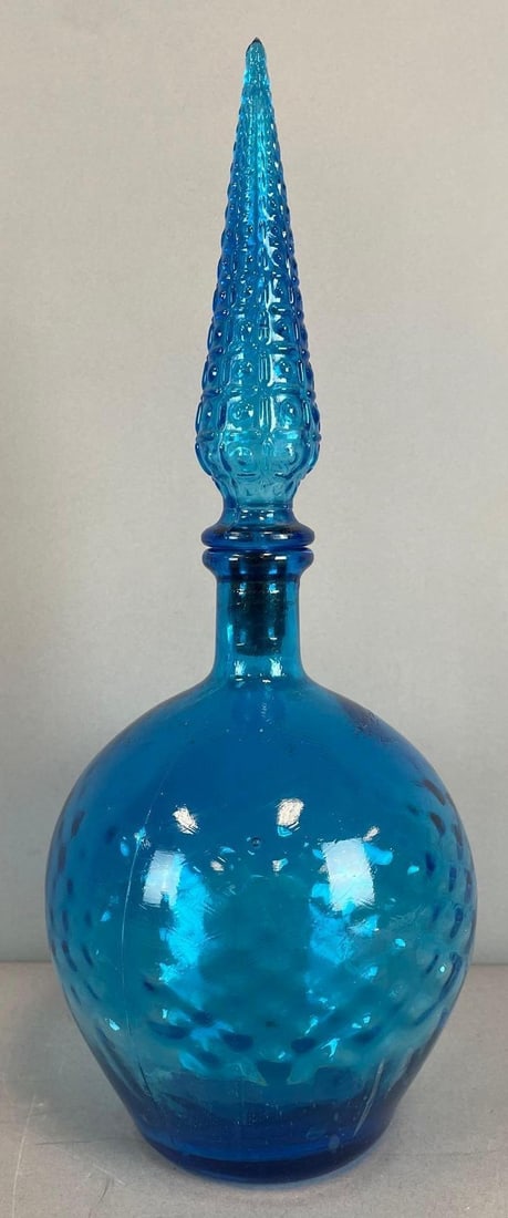 Vintage Blue Pressed Glass Genie Bottle Decanter: Measures 150 x 6"