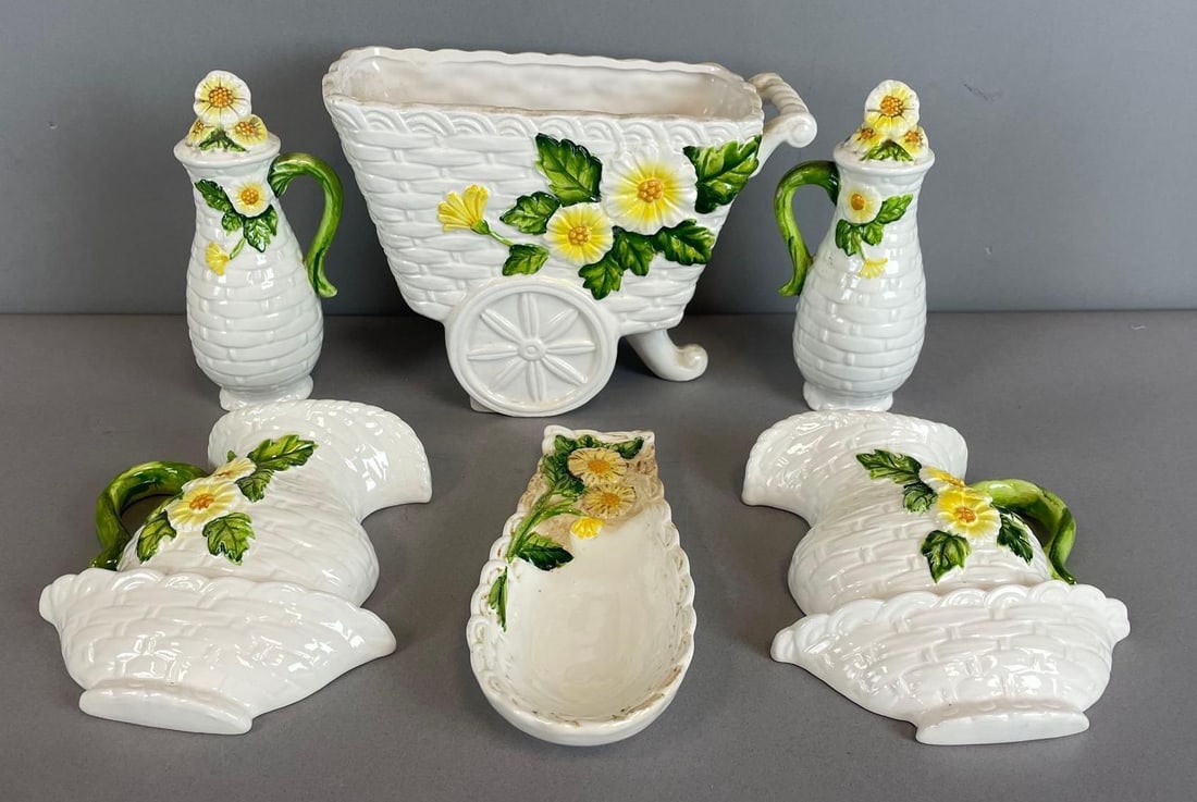 Group of 1970 Geo Z Lefton Daisy Weave Porcelain Items: Includes salt and pepper shakers, spoon rest, wagon planter measures 6 3/4" x 9" x 4 1/4"