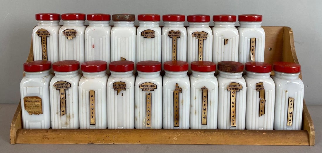 Set of Vintage Griffith Milk Glass Spice Jars with Rack (1 of 3)