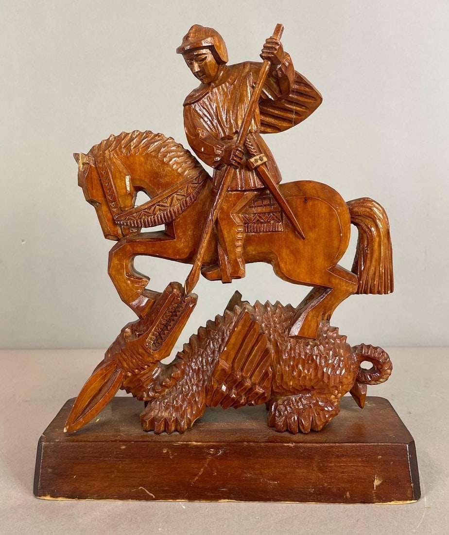 1960 St. George Slaying the Dragon Wood Sculpture (1 of 4)