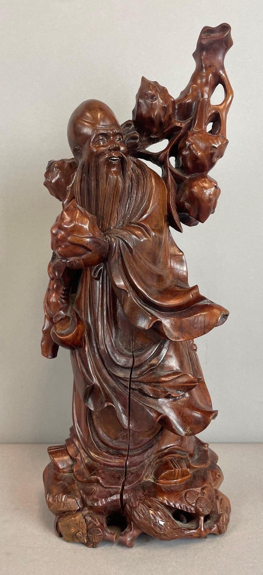 Chinese Shou Lao Carved Wood Statue (1 of 4)