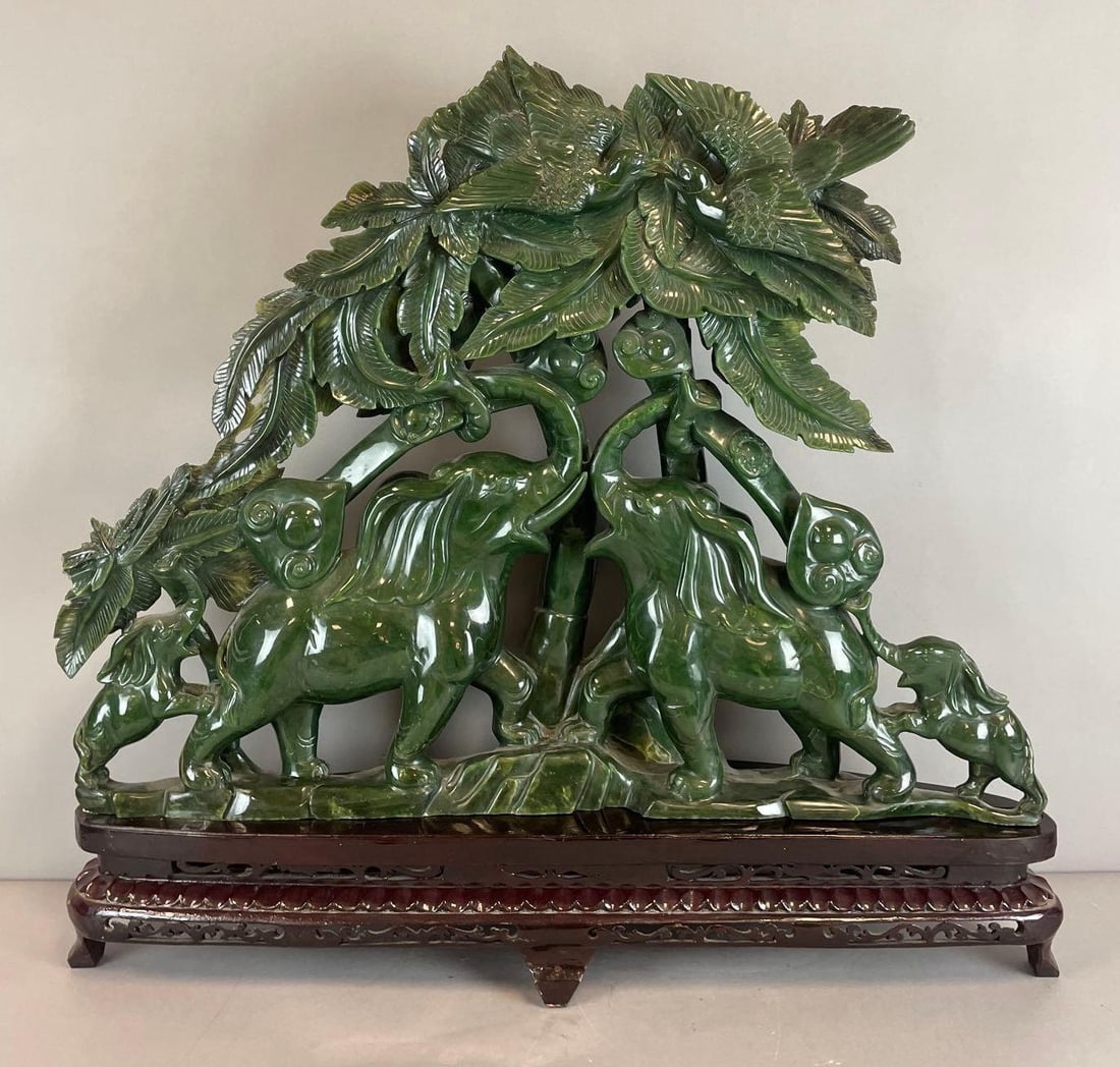 Chinese Hand-Carved Green Jade Elephant Statue with Wood Stand (1 of 7)