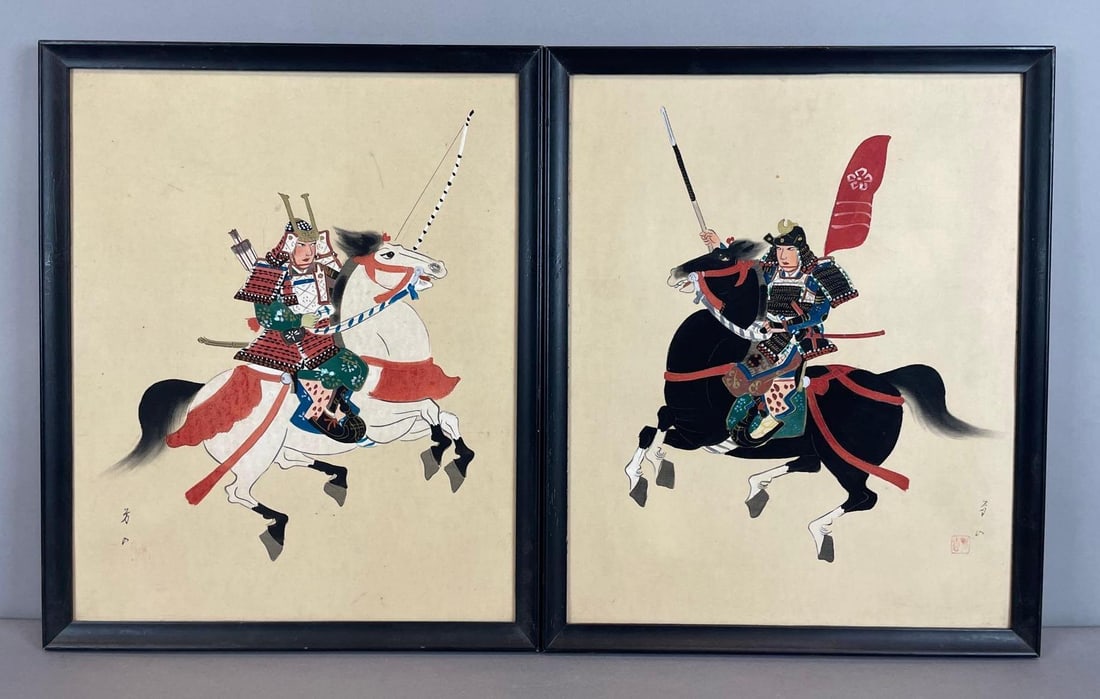Group of 2 Japanese Samurai Warriors on Horseback Silk Paintings: Signed, frames measure 17 1/4" x 14 1/4"