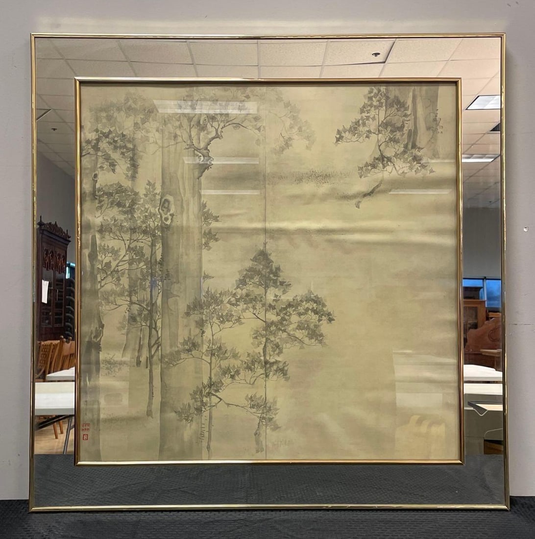 Ikeda Koson Cypresses Japanese Art Print: Print measures 28 3/4" x 28 3/4", mirrored frame measures 36 1/4" x 36 1/4"