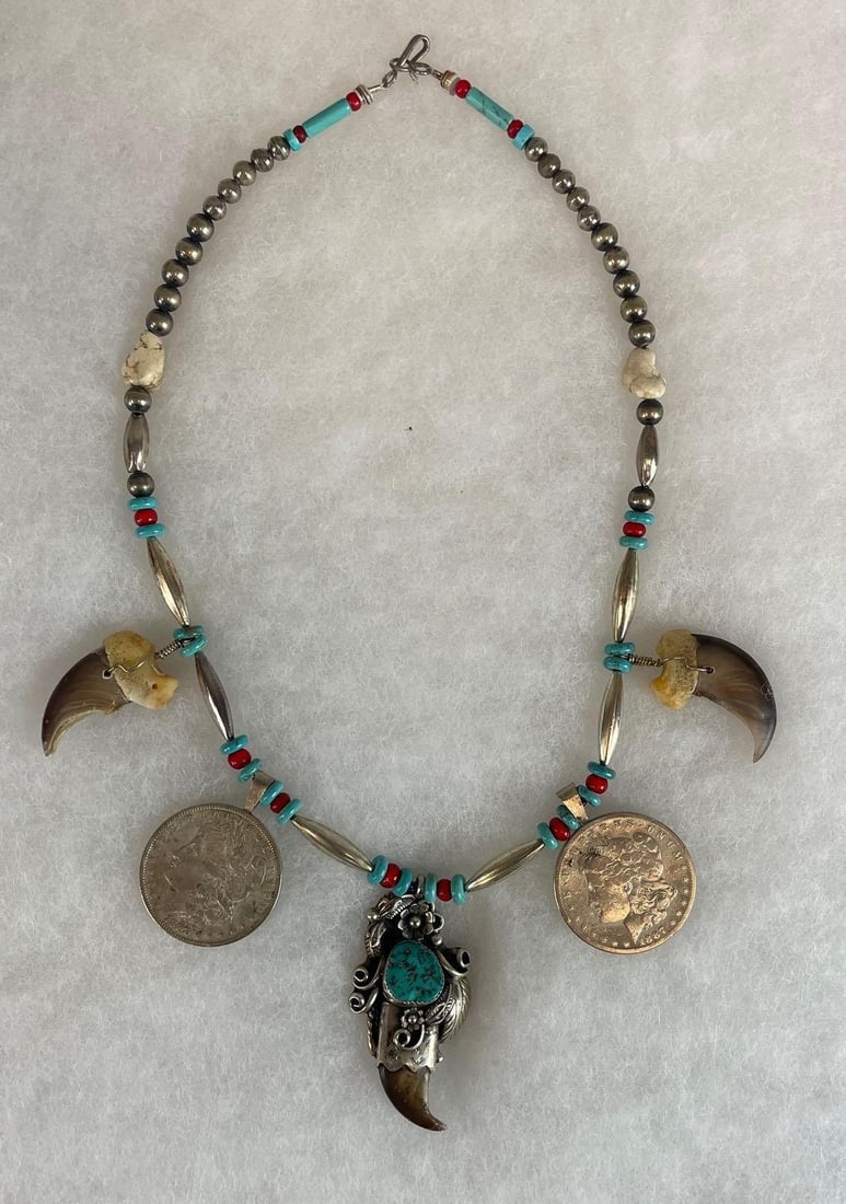 Frank Guerro Signed Native American Bear Claw Sterling Silver and Turquoise Necklace (1 of 5)