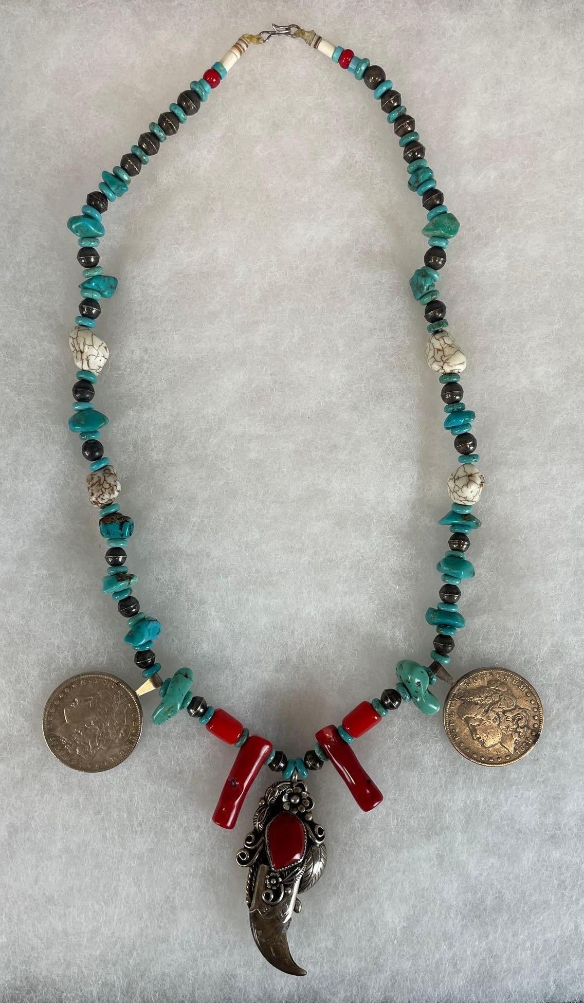 Frank Guerro Signed Native American Bear Claw Sterling Silver and Turquoise Necklace (1 of 4)