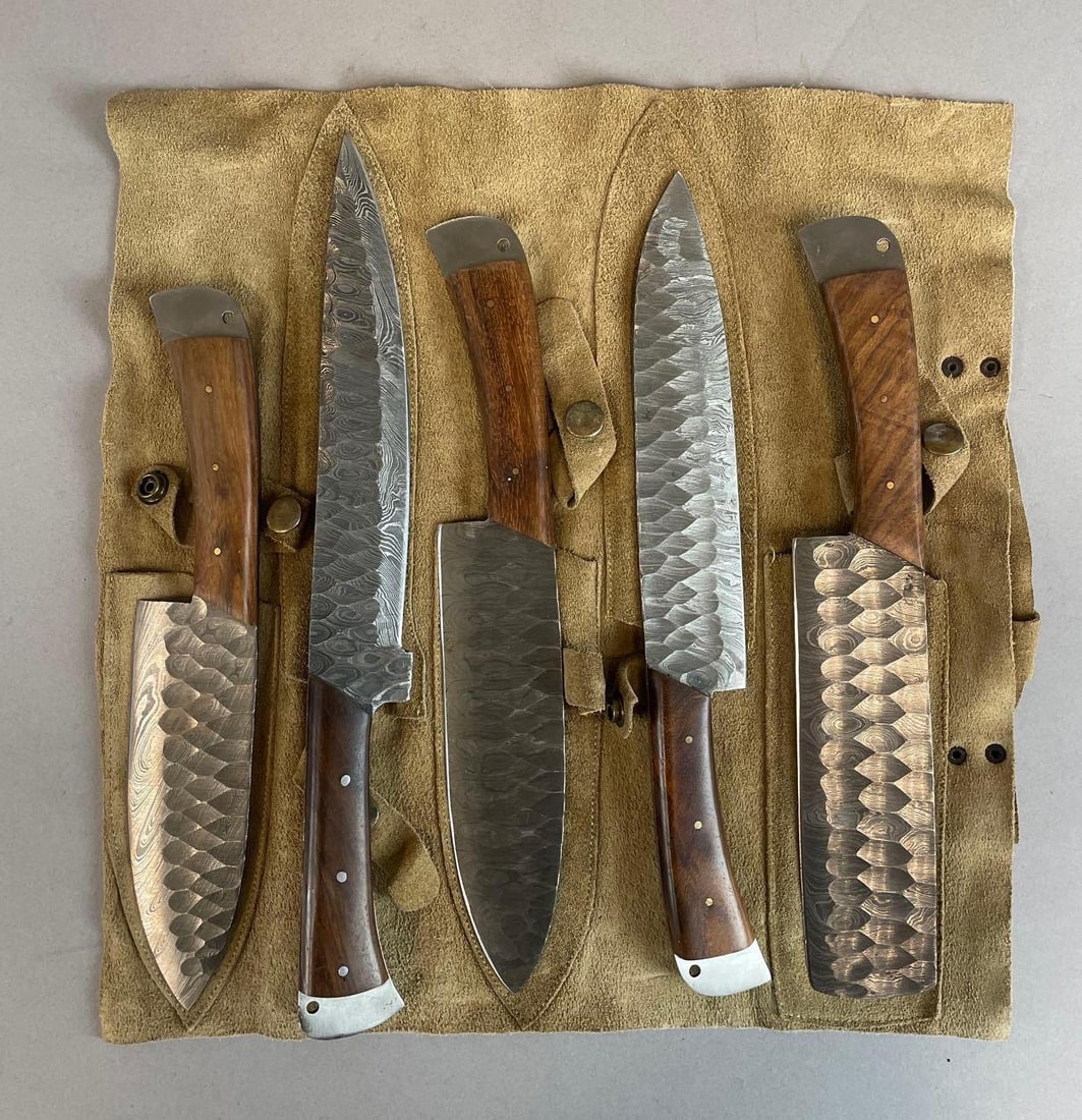 Custom Set of Damascus Chef's Knives: Walnut handles, custom suede case,