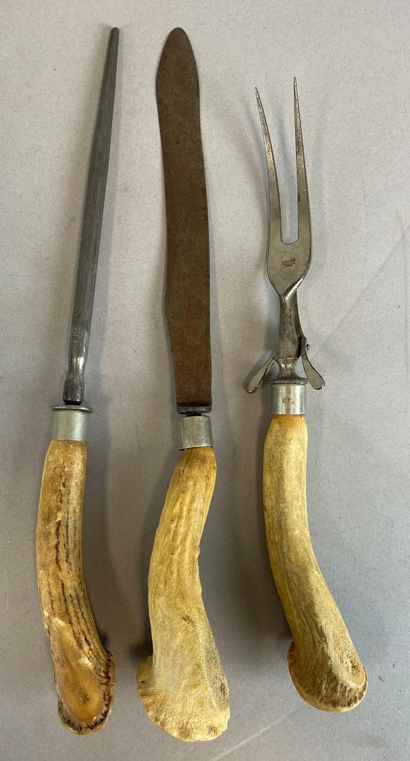Vintage Stag Handle Meat Carving Set: Fork and sharpener stamped natenberg Strauss, longest measures 14 1/2"