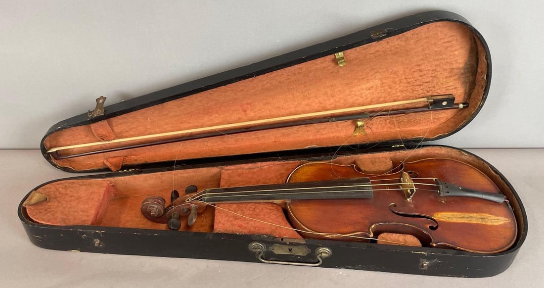 Vintage Unmarked Violin with Case: Repaired crack on body, wood case hinge missing pin, includes bow, strings, rosin. 22 1/2"