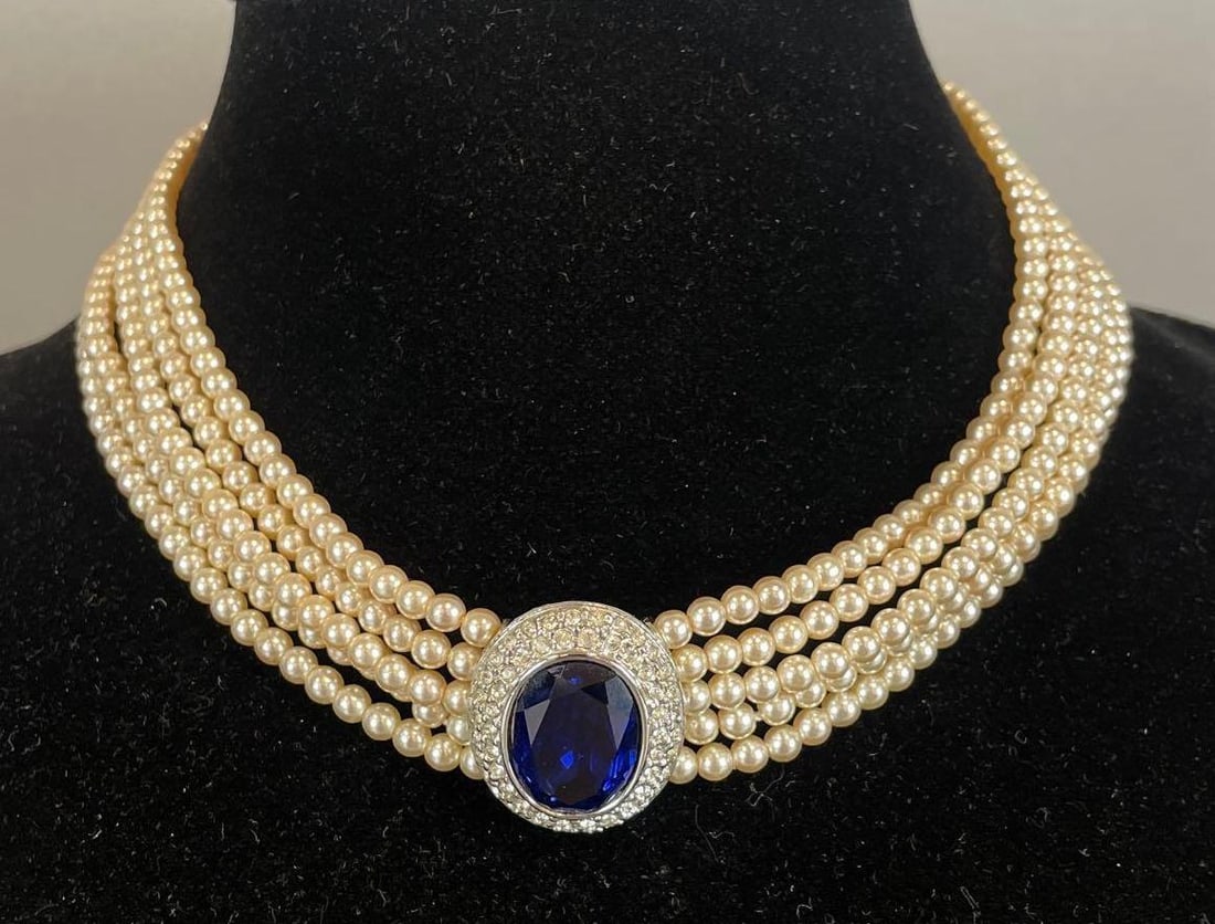 Drayton and DeVoe Princess Diana Costume Necklace: Rhinestone and faux sapphire, 5 strand, measures 17" clasp to clasp