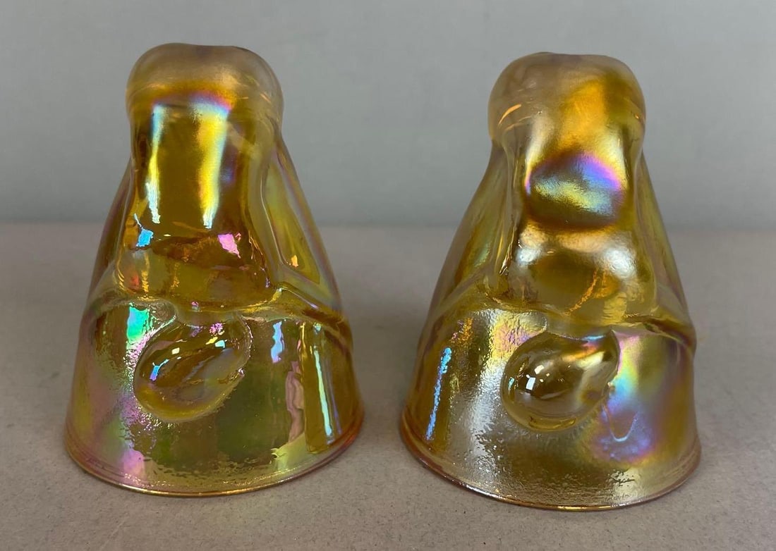 Group of 2 Art Deco Iridescent Amber Bottoms Up Figural Shot Glasses: Pressed glass, measures 3" x 2 1/2"