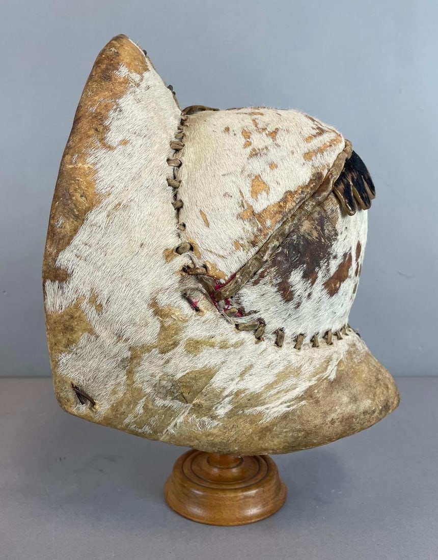 Vintage Bolivian Montera Ceremonial Cowhide Helmet: Worn in dances, stand not included
