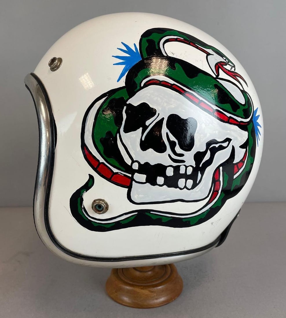 Vintage Handpainted Arthur Fulmer Motorcycle Helmet: Skull and snake, stand not included, size L