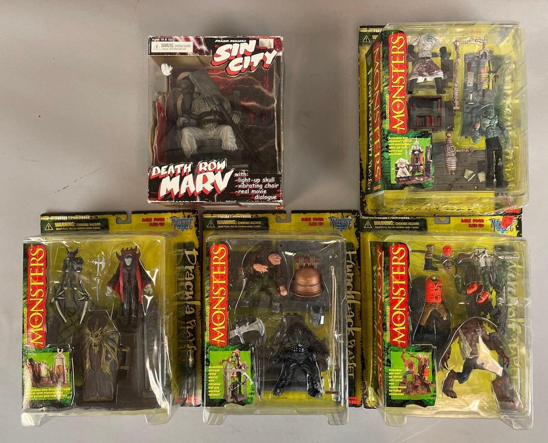 Group of McFarlane Toys Monsters Action Figure Playsets: Includes Dracula, Frankenstein, sin city death row marv