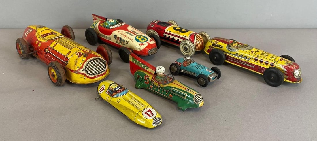 Group of Vintage Tin Litho Race Cars: Includes Marx Wind-Up (nonworking), Wyandotte, many missing parts