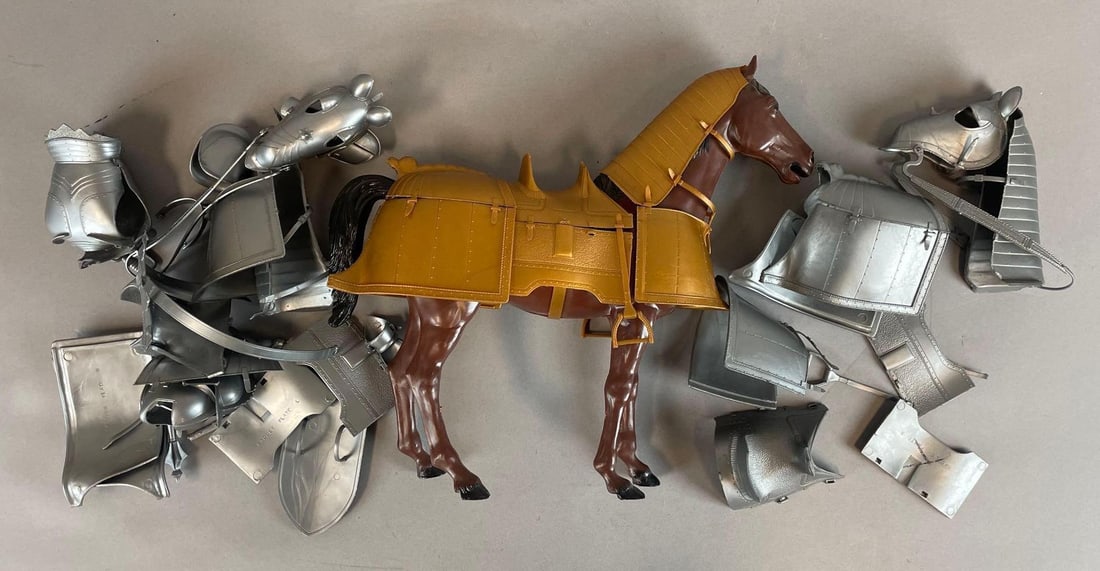 Group of Vintage Marx Noble Knights Action Figure Accessories and Bravo Horse: Horse and figure armor for 12" figures