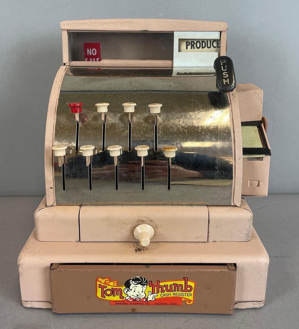 Vintage Western Stamping Tom Thumb Toy Cash Register: Working condition, includes toy money and instructions, measures 8 3/4" x 8" x 7"
