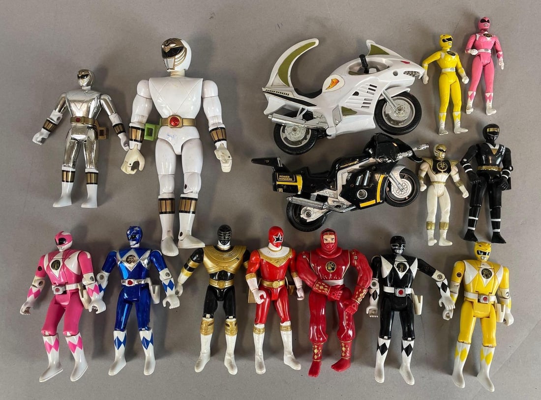 Group of Bandai Mighty Morphin Power Rangers Action Figures: Includes motorcycles, largest measures 8"