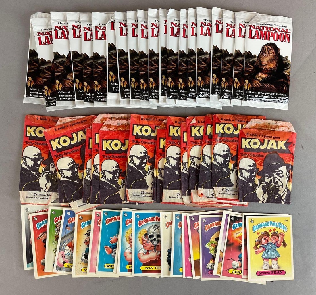 Group of Pop Culture Trading Cards: Includes 1985/86 garbage pail kids, national lampoon packs, Kodak wrappers (only)