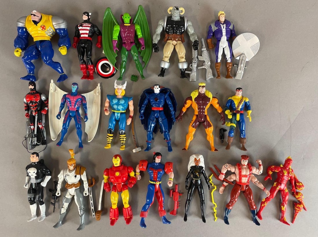 Group of 1990s Toy Biz Marvel Action Figures: Includes iron man, Thor, captain America, accessories